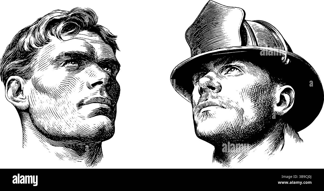 Incisione vintage di vigili del fuoco con caschi per un design a tema storico. Illustrazione Vettoriale