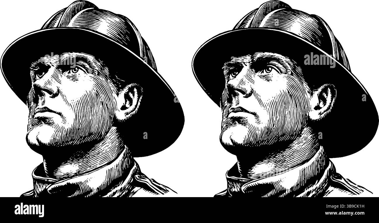 Set illustrativo vintage con i lavoratori della difesa civile in caschi protettivi. Illustrazione Vettoriale