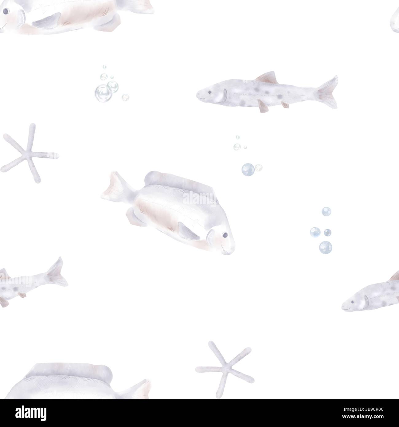 I pesci di mare e di fiume nuotano intorno alle stelle marine. Illustrazione acquerello. Motivo senza cuciture. Bolle d'aria nel mondo sottomarino, banchi di pesci beige, lo è Foto Stock