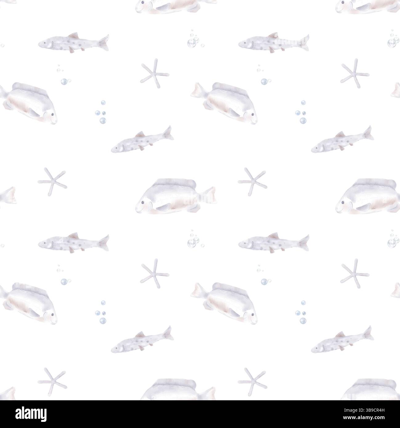 I pesci di mare e di fiume nuotano intorno alle stelle marine. Illustrazione acquerello. Motivo senza cuciture. Bolle d'aria nel mondo sottomarino, banchi di pesci beige, lo è Foto Stock