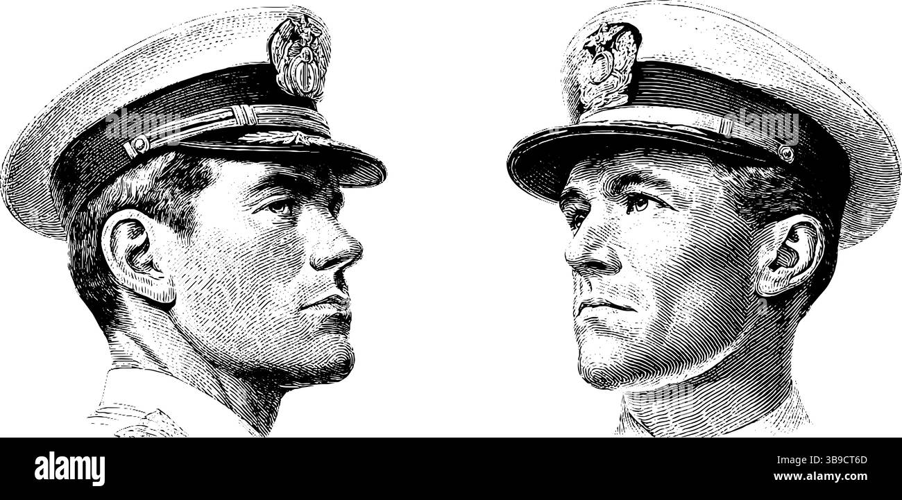 Illustrazione d'epoca incisa di ufficiali navali in berretti uniformi. Illustrazione Vettoriale