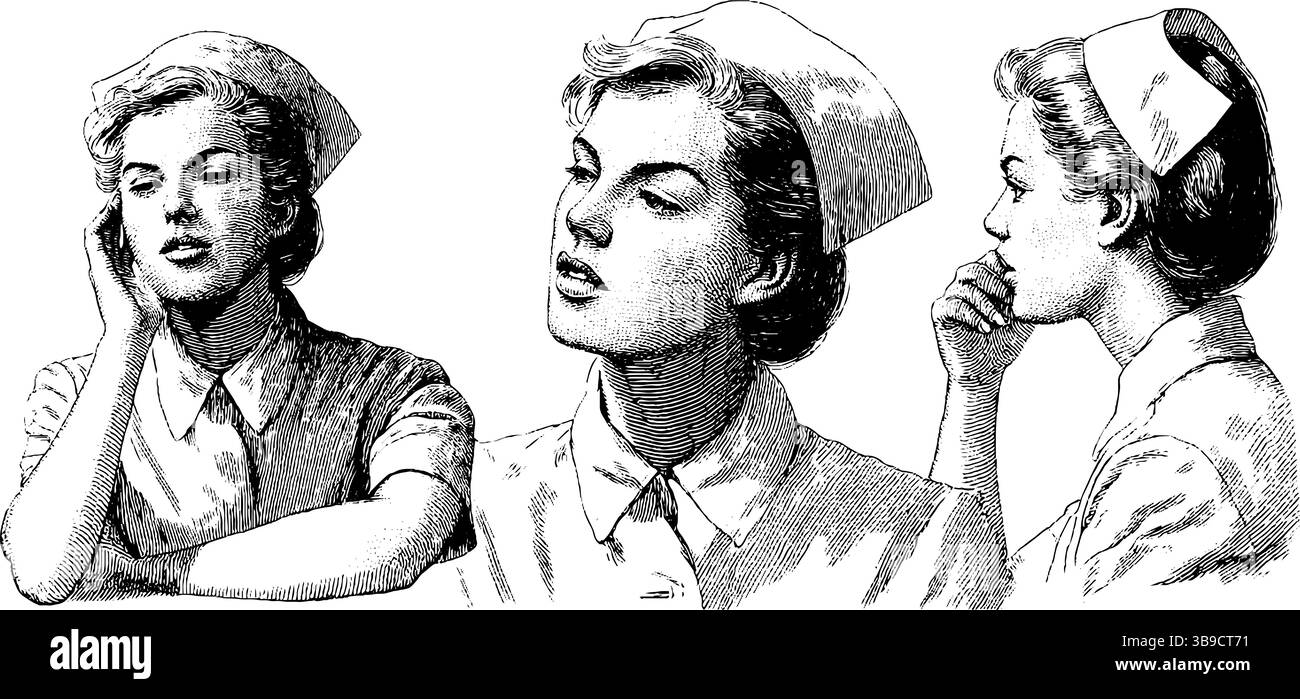 Set di illustrazioni vintage per infermiere incise per il design e la stampa del settore sanitario. Illustrazione Vettoriale