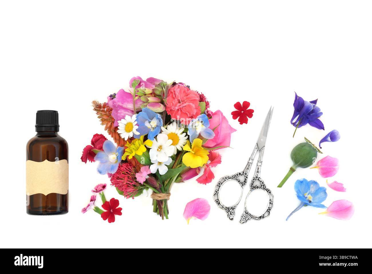 Medicina naturale alternativa a base di erbe con fiori estivi e bottiglia di olio essenziale su sfondo bianco. Ingredienti floreali freschi per la salute olistica. Foto Stock