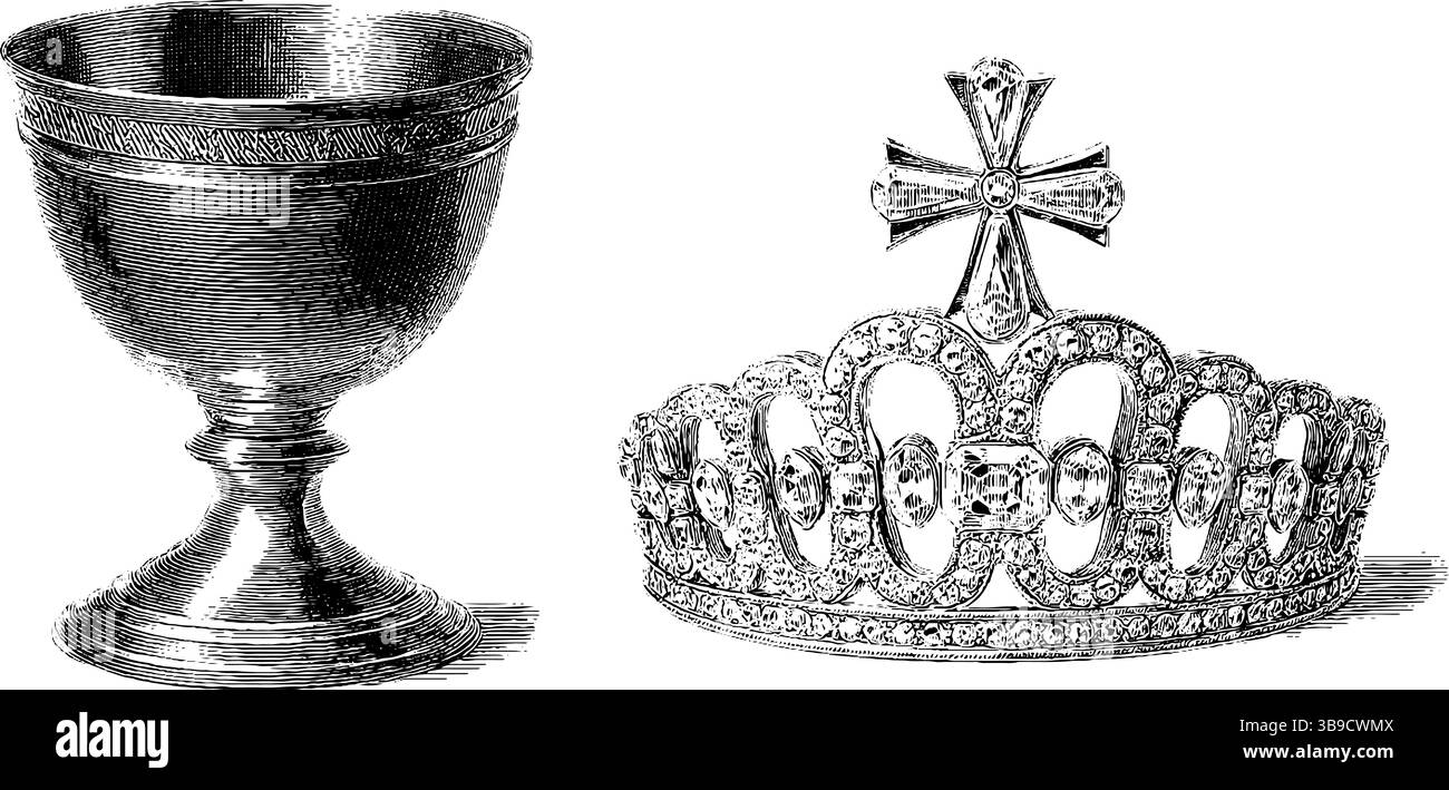 Illustrazione vintage incisa di calice d'argento e corona gioiellata per un design antico. Illustrazione Vettoriale