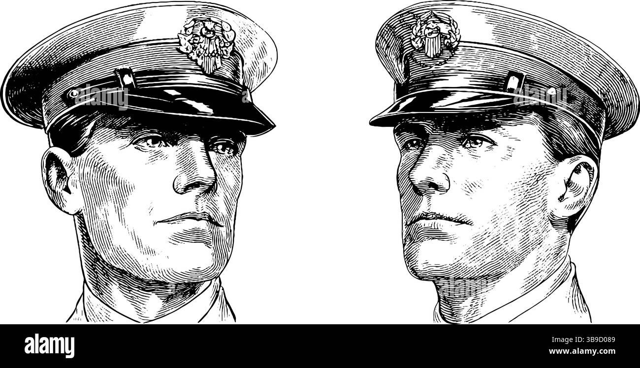 Serie di illustrazioni incise di ufficiali militari storici in uniforme. Illustrazione Vettoriale