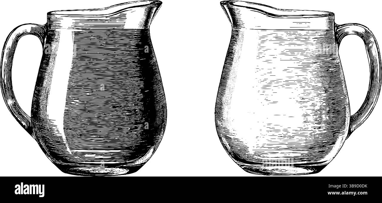 Set illustrativo caraffa in vetro inciso con design in bianco e nero per uso decorativo. Illustrazione Vettoriale