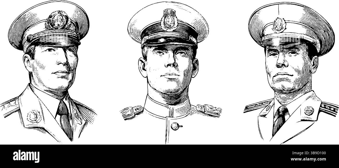 Serie di illustrazioni incise di ufficiali militari in uniforme - collezione di ritratti storici per il design. Illustrazione Vettoriale