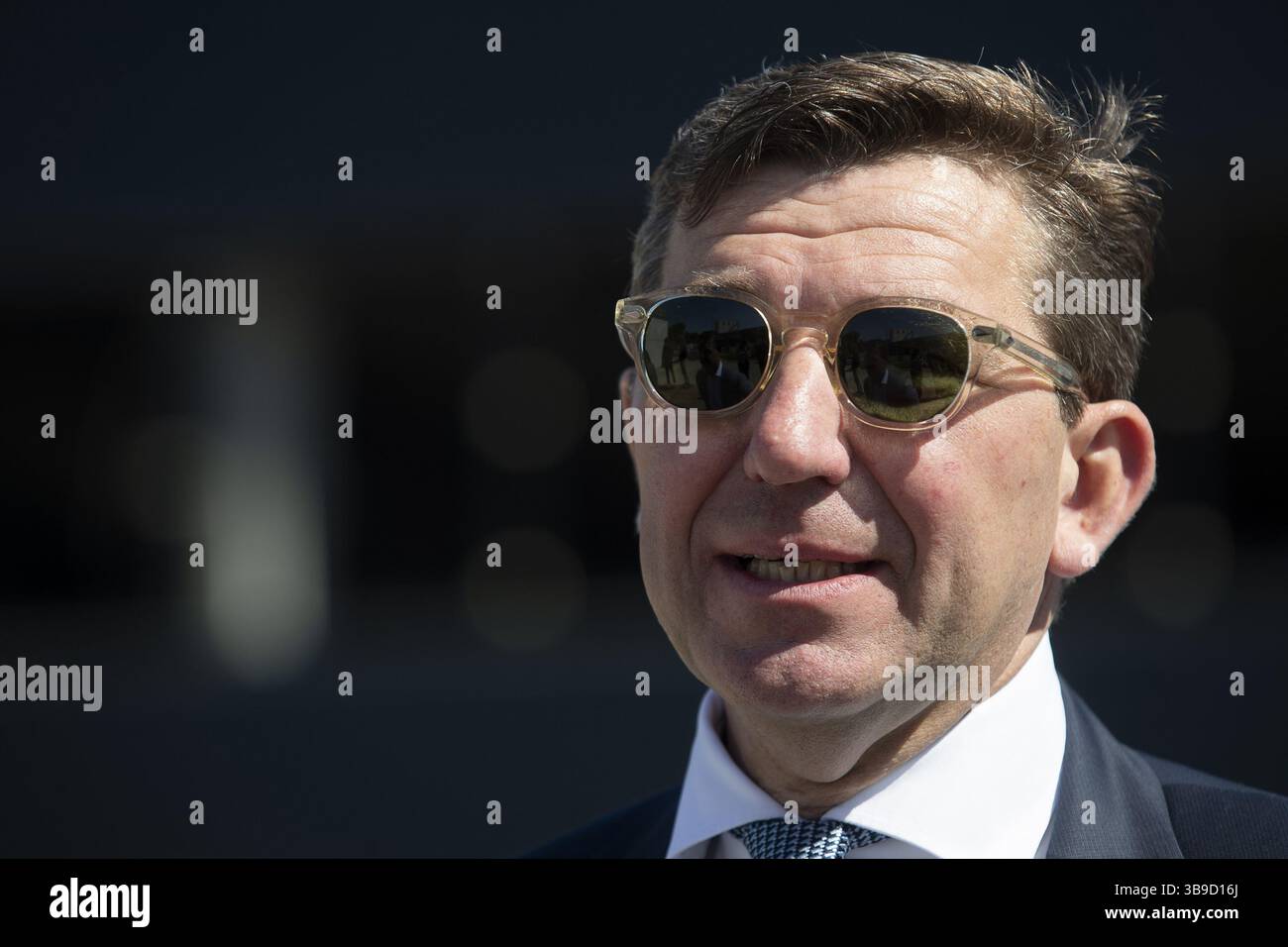 Herentals, Belgio. 9 maggio 2025. Wim Heylen (Heylen Group) nella foto durante un momento stampa riguardante la costruzione di un centro di distribuzione per la catena di supermercati Lidl a Herentals, venerdì 9 maggio 2025. Il nuovo sito di 43 000 metri quadrati, nell'ex sito di Henrad lungo la E313, fornirà negozi nella grande area di Anversa dalla fine del 2026. BELGA FOTO KRISTOF VAN ACCOM credito: Belga News Agency/Alamy Live News Foto Stock