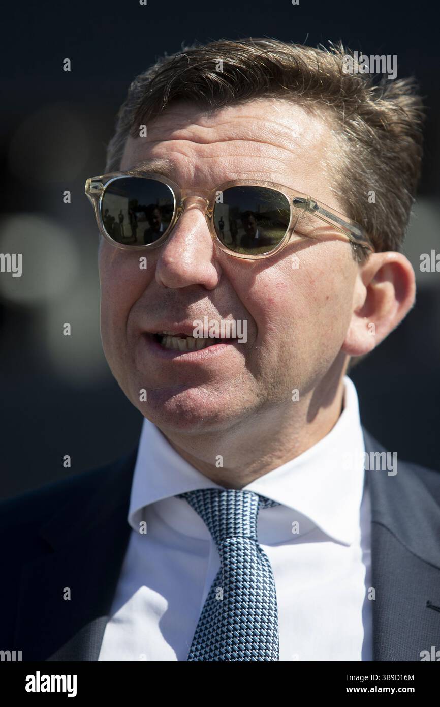 Herentals, Belgio. 9 maggio 2025. Wim Heylen (Heylen Group) nella foto durante un momento stampa riguardante la costruzione di un centro di distribuzione per la catena di supermercati Lidl a Herentals, venerdì 9 maggio 2025. Il nuovo sito di 43 000 metri quadrati, nell'ex sito di Henrad lungo la E313, fornirà negozi nella grande area di Anversa dalla fine del 2026. BELGA FOTO KRISTOF VAN ACCOM credito: Belga News Agency/Alamy Live News Foto Stock