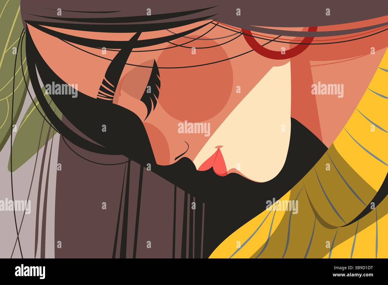 Elegante illustrazione grafica vettoriale piatta del profilo di una donna in una posa calma e contemplativa. Design moderno e minimalista, perfetto per varie pubbliche relazioni creative Illustrazione Vettoriale