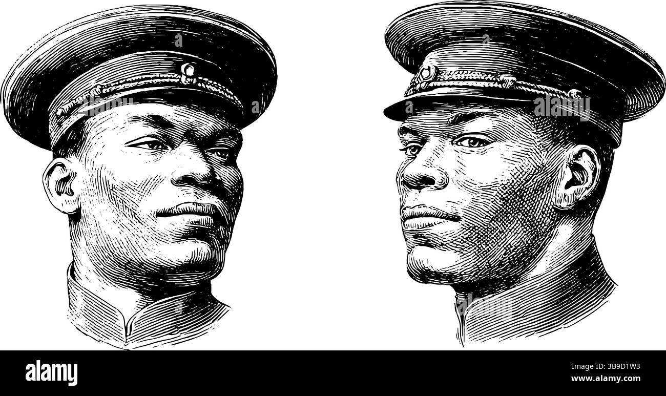 Illustrazione vintage incisa del sergente in uniforme militare e berretto. Illustrazione Vettoriale