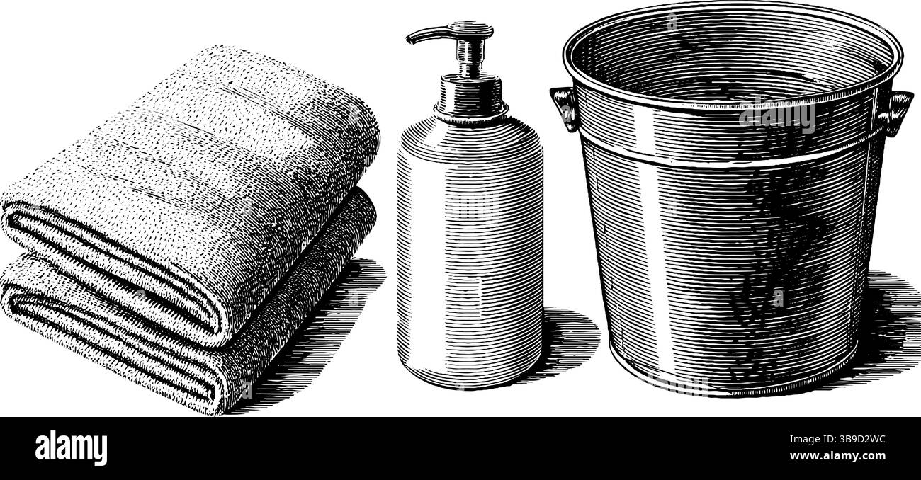 Lavanderia vintage con asciugamano di cotone, biberon e secchio in metallo. Illustrazione Vettoriale