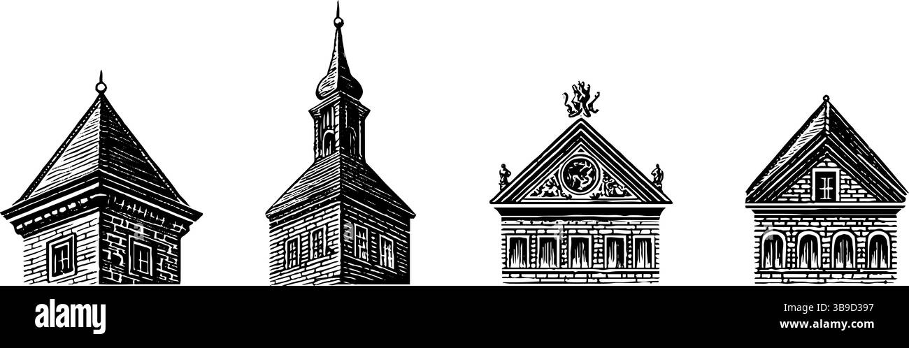 Illustrazioni architettoniche incise di edifici classici della città per progetti di design storico. Illustrazione Vettoriale
