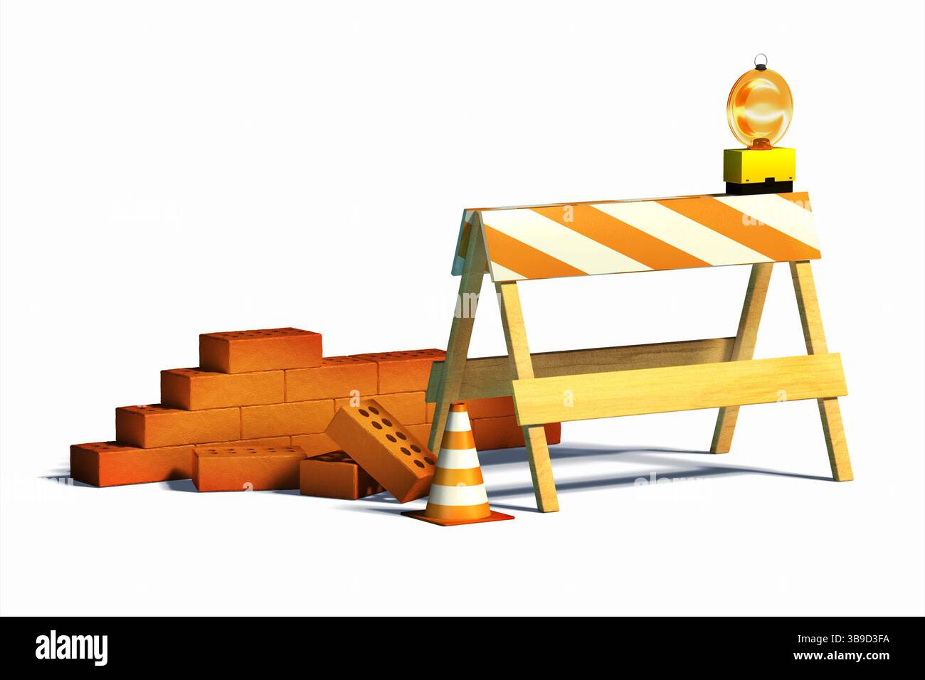 Sotto la barriera di costruzione e il cono stradale. Illustrazione digitale, percorso di ritaglio incluso. Foto Stock