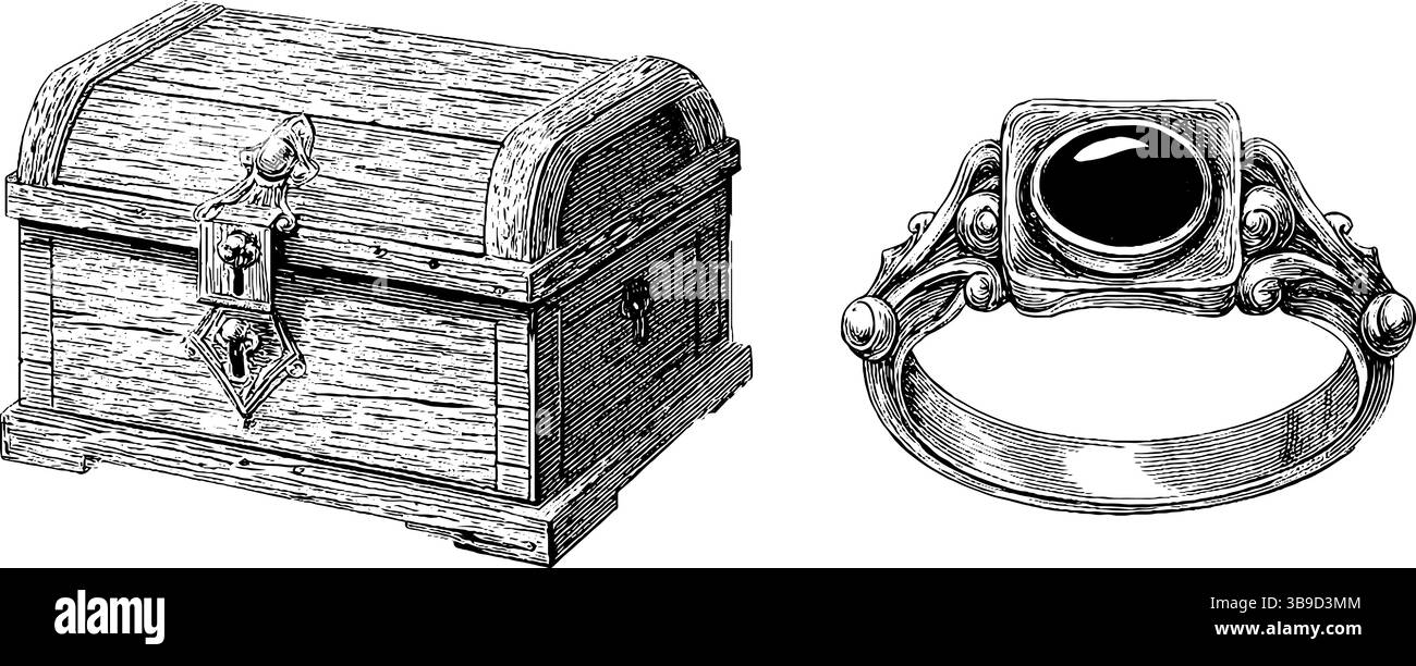 Petto e anello ornamentali vintage con incisione in pietre preziose per un design antico. Illustrazione Vettoriale