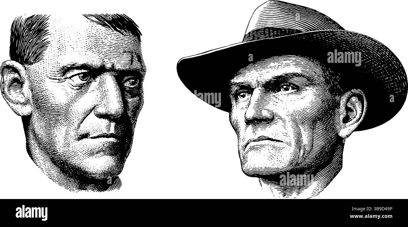 Ritratti incisi del sindaco della città in bianco e nero per il design e l'arredamento. Illustrazione Vettoriale