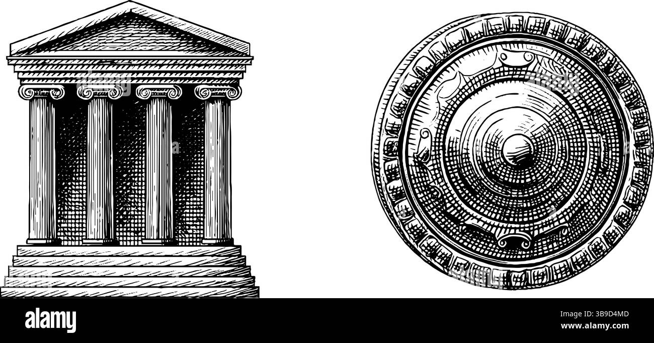 Classico edificio bancario con design decorativo a moneta per temi finanziari. Illustrazione Vettoriale