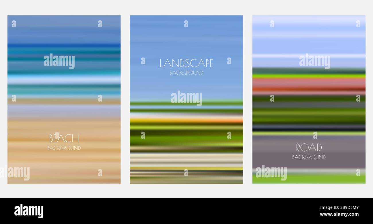 Sfondo per paesaggi naturali con movimento sfocato. Illustrazione vettoriale della pendenza astratta di spiaggia, campi e strade estive. Banner, poster, brochure, volantino d Illustrazione Vettoriale