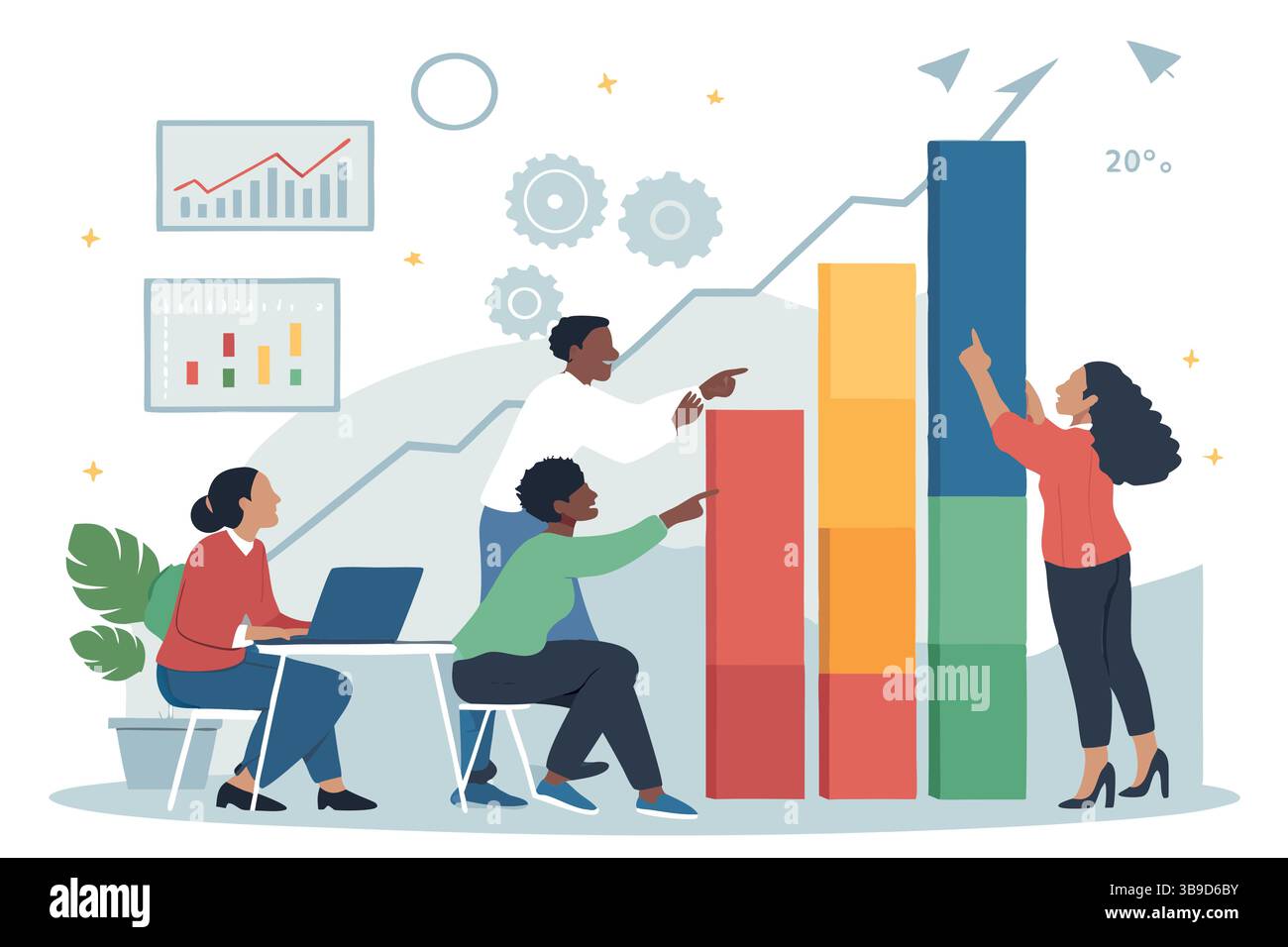Il team diversificato celebra la crescita aziendale analizzando un grafico a barre colorato che mostra 20 colori morbidi con design piatto in aumento Illustrazione Vettoriale