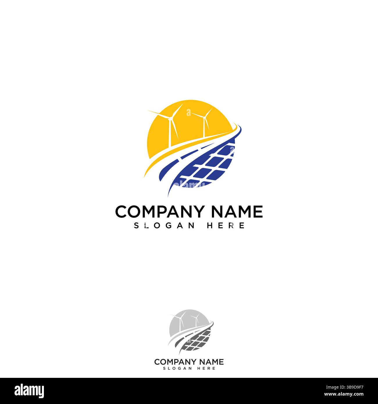 Simbolo del design del logo della generazione di energia solare ed eolica. Illustrazione vettoriale Illustrazione Vettoriale