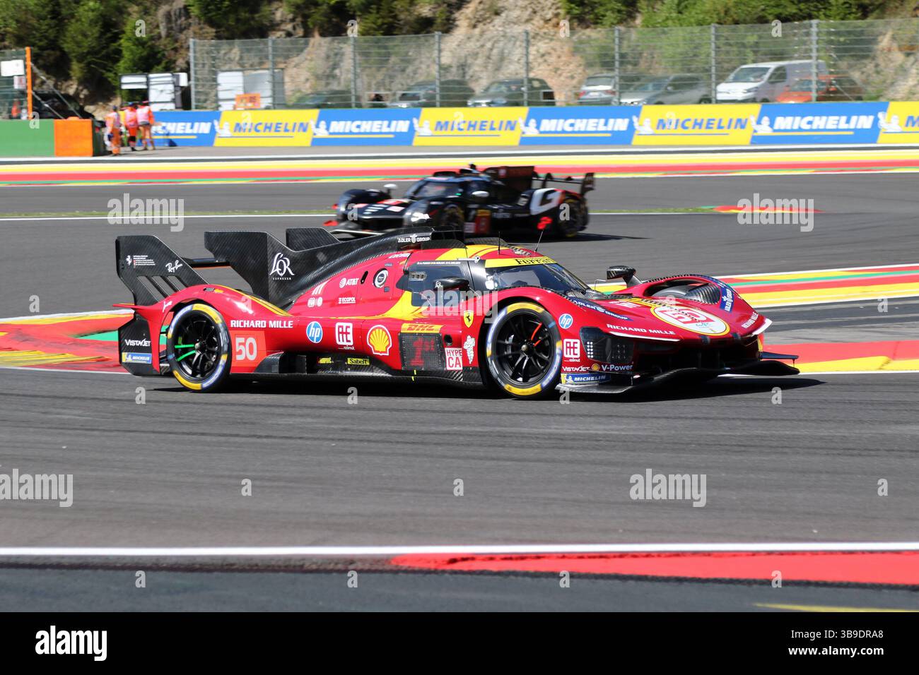 Francorchamps, Belgio. 9 maggio 2025. WEC Total Energies 6 ore Spa-Francorchamps, 07. - 10. Mai 2025 Im Bild: Antonio fuoco (ITA), Miguel Molina (ESP), Nicklas Nielsen (DEN), im Ferrari F 499P/dpa/Alamy Live News Foto Stock