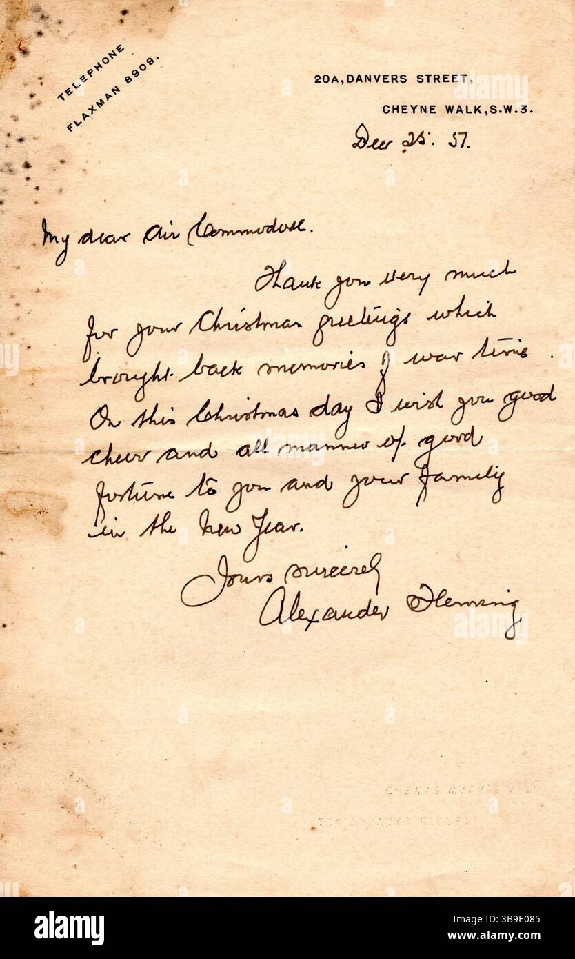 Lettera di Natale Alexander Fleming al colonnello M Konarski Londra Inghilterra Regno Unito Foto Stock