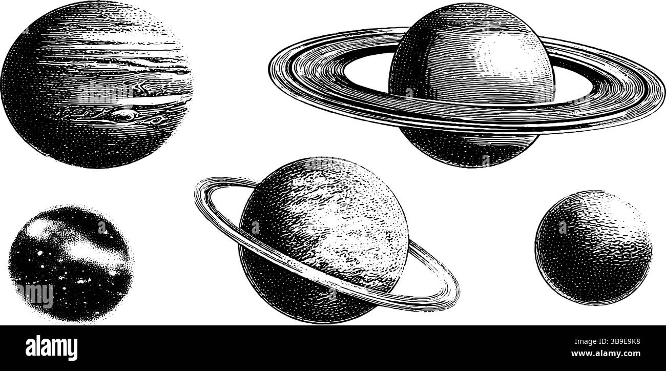 Illustrazioni planetarie vintage incise di corpi celesti e stelle per un design a tema spaziale. Illustrazione Vettoriale