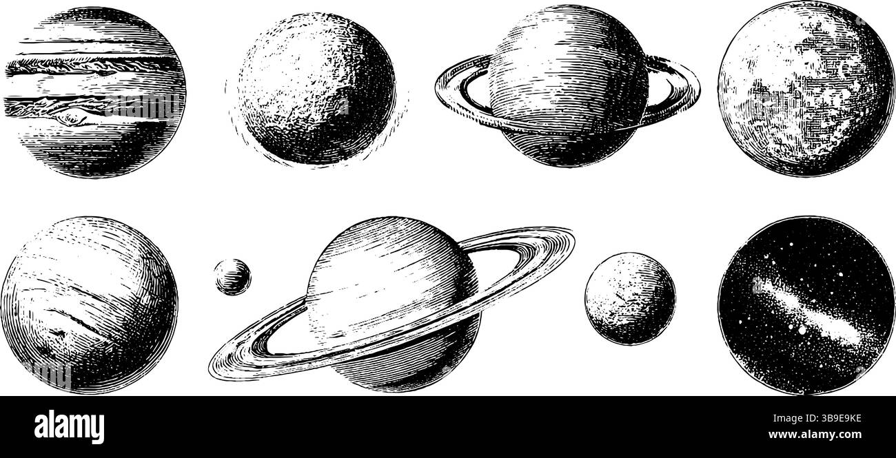 Illustrazione vintage incisa di pianeti e stelle - corpi celesti pronti per la stampa e il design. Illustrazione Vettoriale