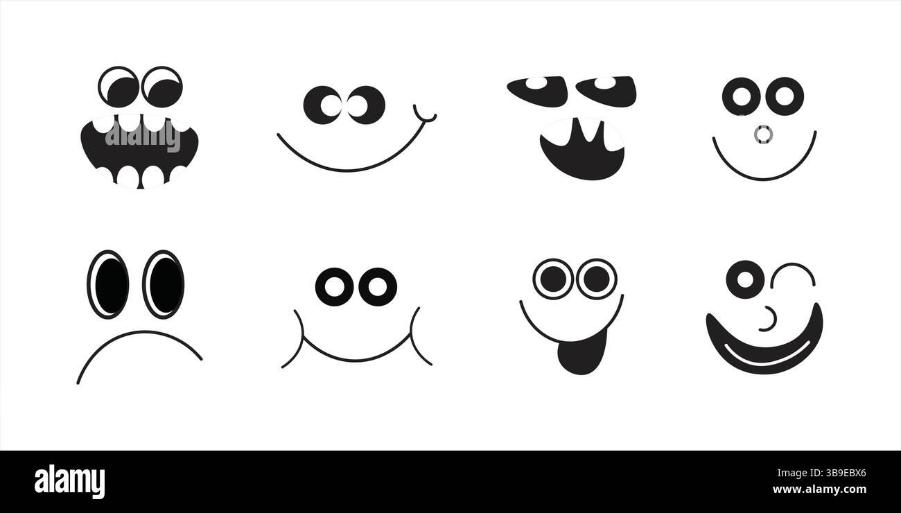 Funny Cartoon Face Expressions Vector Collection - adesivi e distintivi stile Y2K - espressioni felici, arrabbiate e divertenti Illustrazione Vettoriale