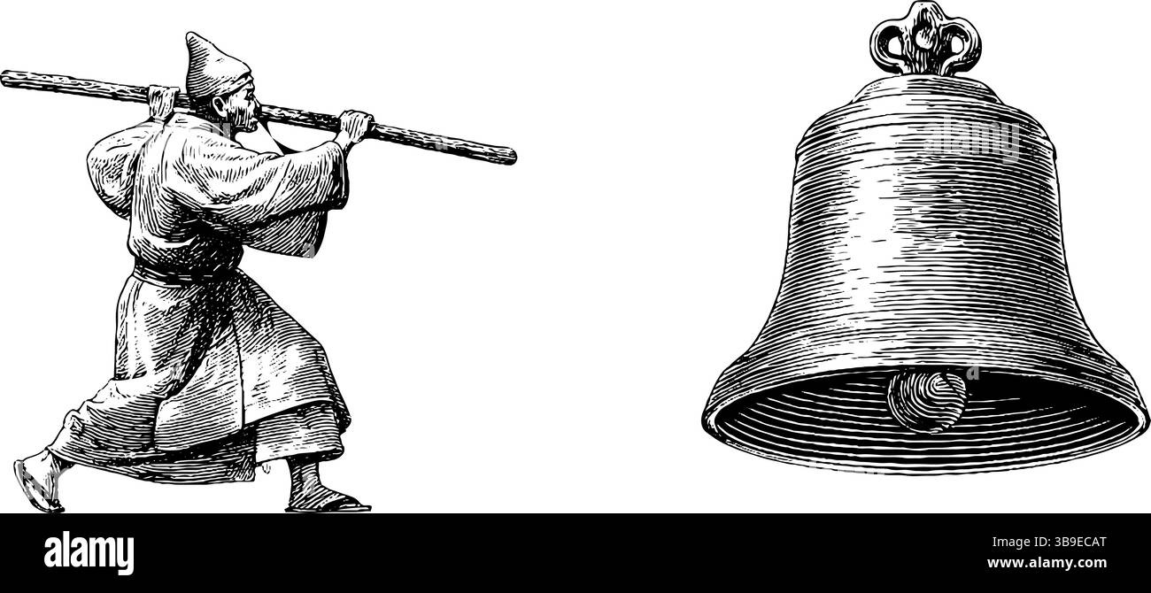 Tradizionale monaco guerriero e antiche incisioni a campana per un design storico. Illustrazione Vettoriale