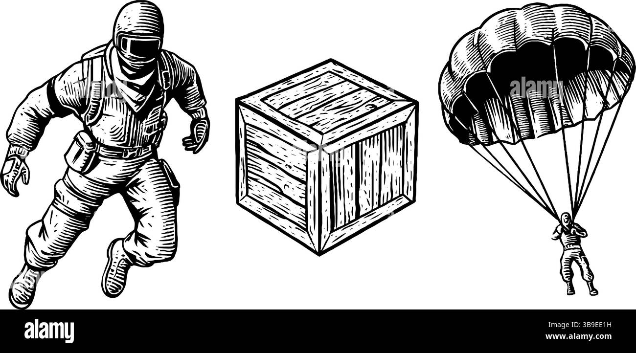 Set di illustrazioni incise di personaggi e attrezzature Battle royale. Illustrazione Vettoriale
