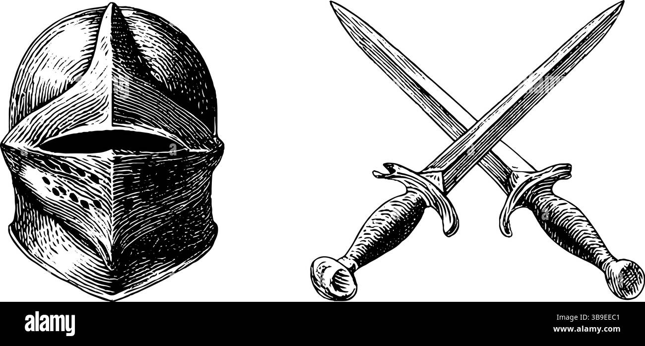 Attrezzatura da guerra medievale: Elmetto inciso e spade incrociate per un design storico. Illustrazione Vettoriale