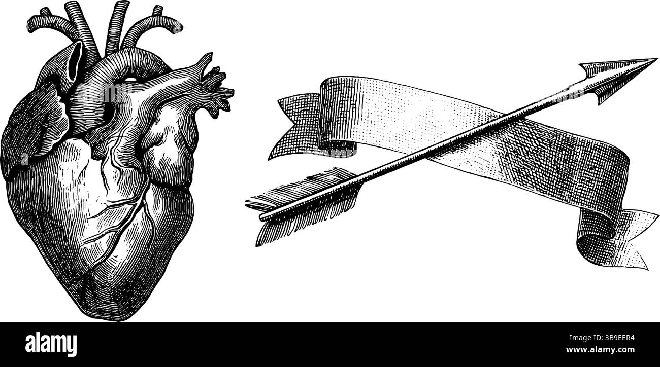 Illustrazione vintage con cuore e freccia incisi per disegni romantici e progetti artistici. Illustrazione Vettoriale
