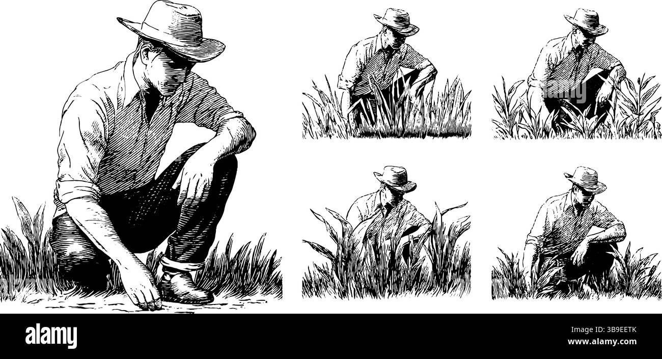 Illustrazione incisa di un agricoltore che ispeziona le colture in un campo. Illustrazione Vettoriale