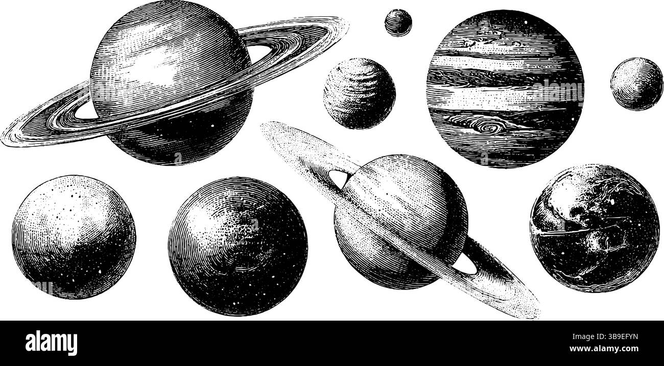 Illustrazione incisa di stelle binarie e set planetario per uso didattico. Illustrazione Vettoriale
