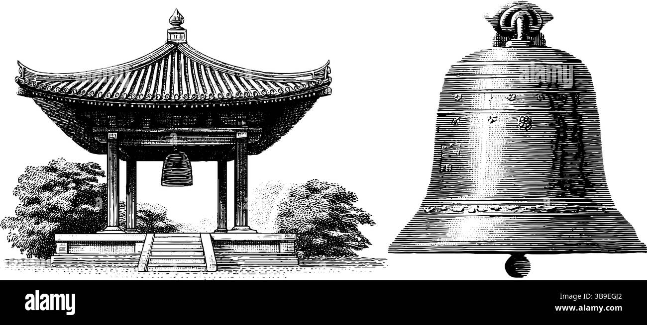 Illustrazioni architettoniche incise di pagoda e lanterna per progetti di design culturale. Illustrazione Vettoriale