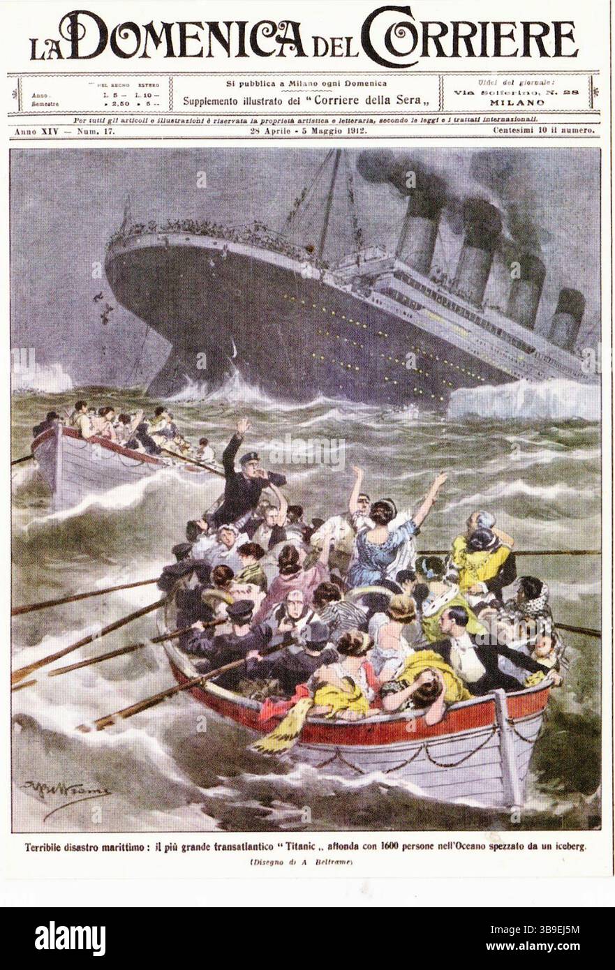 La prima pagina di un giornale italiano con un'illustrazione del Titanic che affonda. Foto Stock