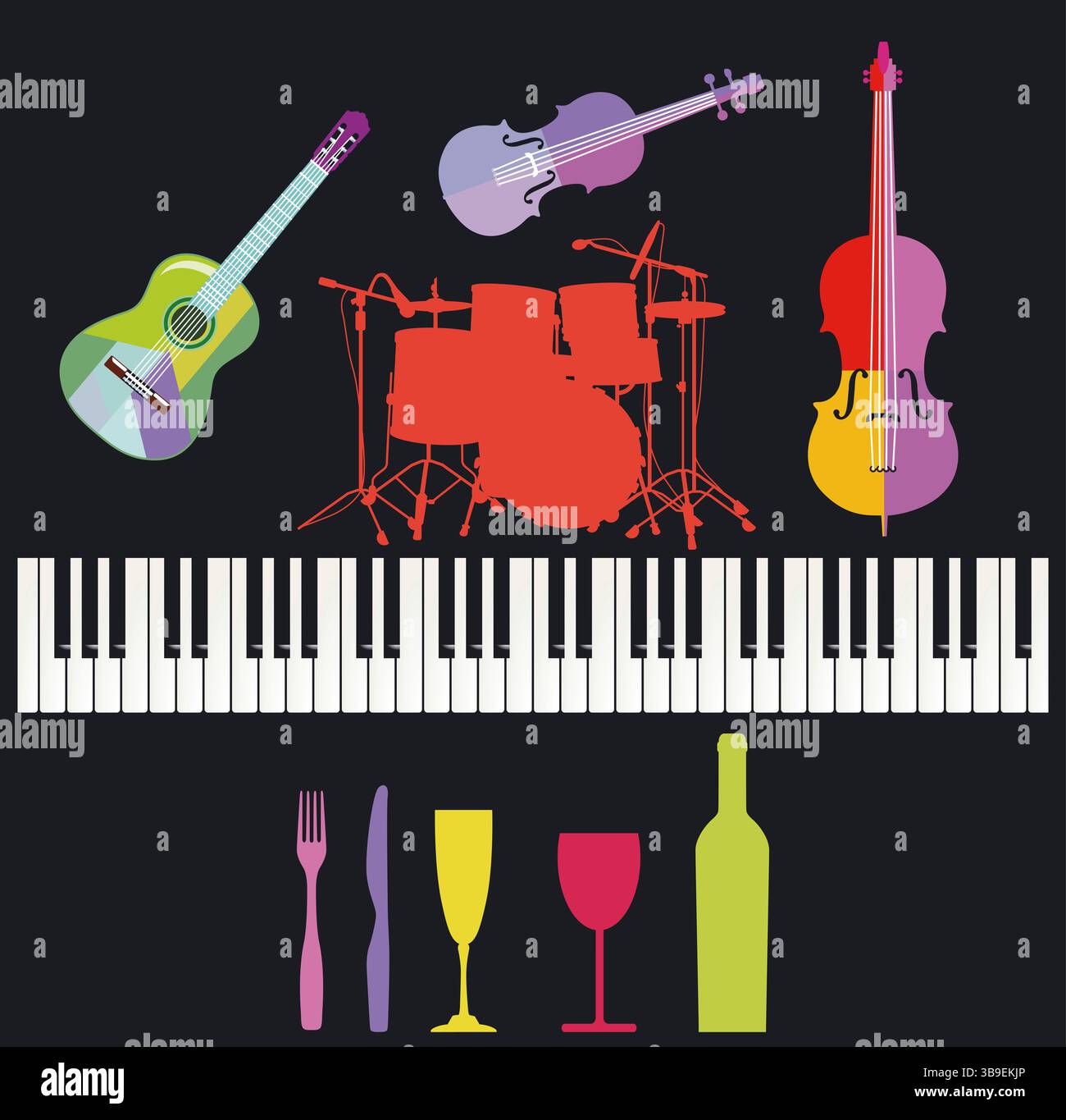 Coloratissimi strumenti musicali con pianoforte e chitarra, illustrazione della batteria Foto Stock