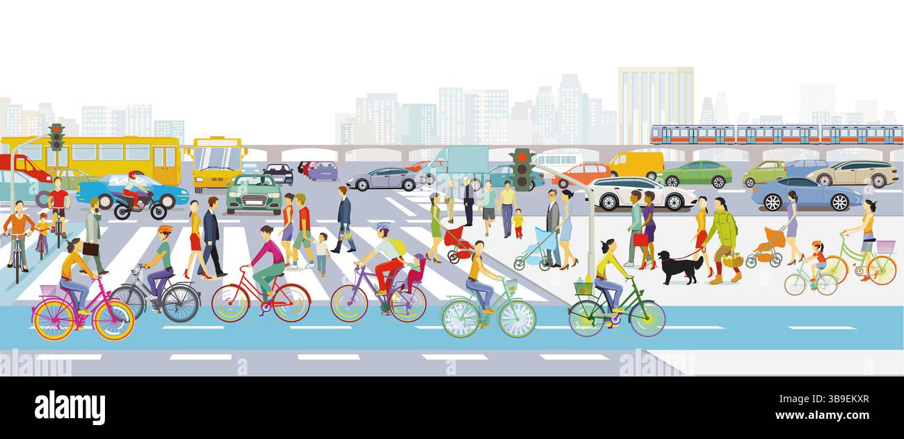 Sagoma della città con traffico stradale e pedoni, illustrazione Foto Stock