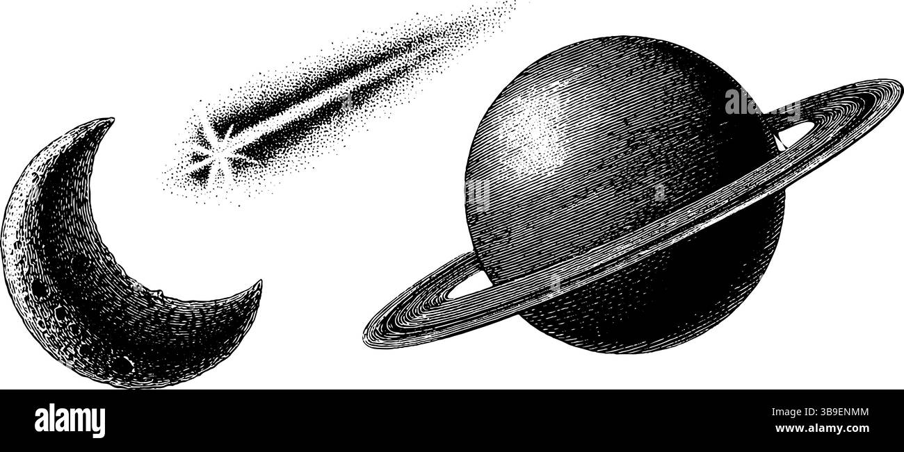 Set di illustrazioni incise sulle meraviglie celesti con luna, stelle sparatrici e pianeta. Illustrazione Vettoriale