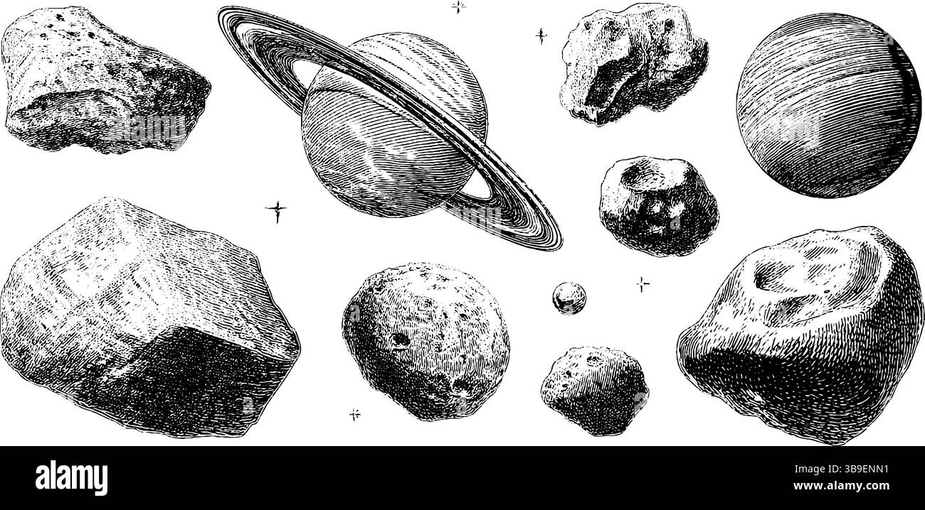 Sistema solare inciso e illustrazione degli asteroidi per il design educativo. Illustrazione Vettoriale