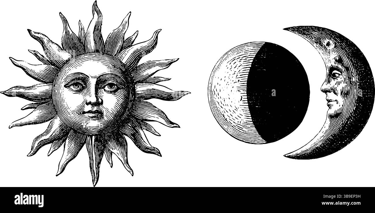 Motivi celesti: Sole e luna incisi con tema di eclissi solare e lunare per stampe d'arte. Illustrazione Vettoriale