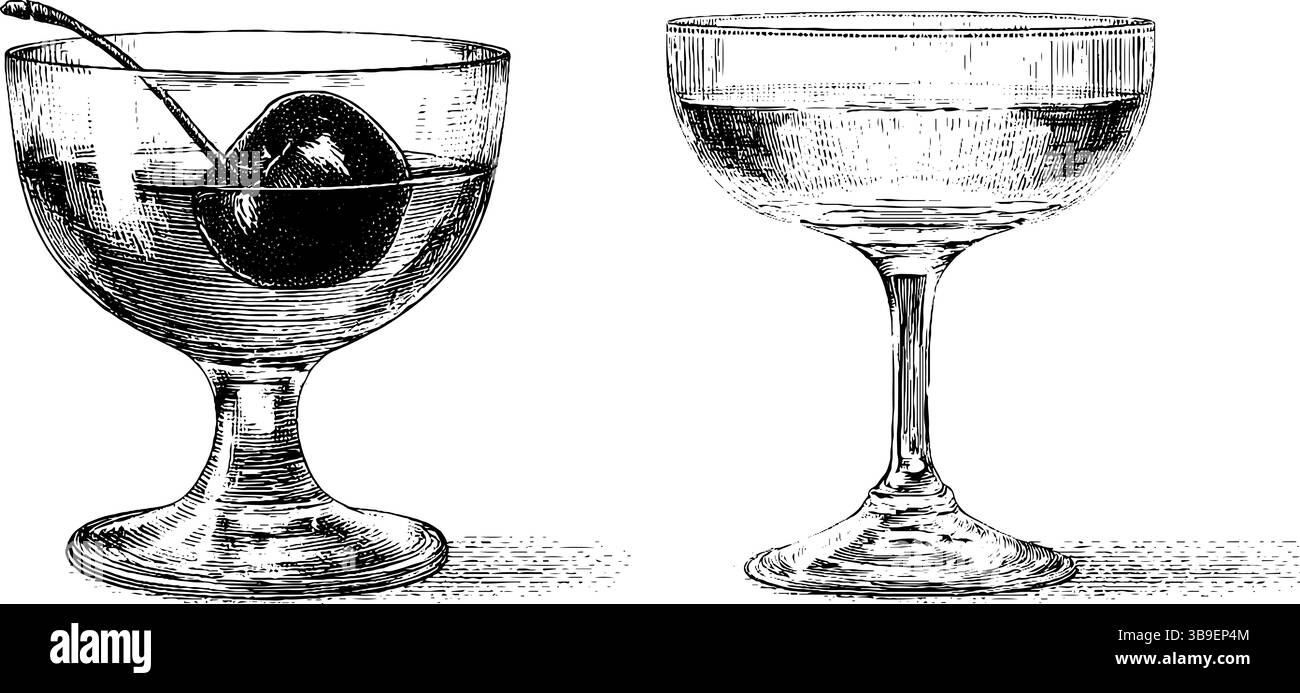 Set illustrativo inciso di cocktail in vetro manhattan con decorazioni in ciliegio. Illustrazione Vettoriale