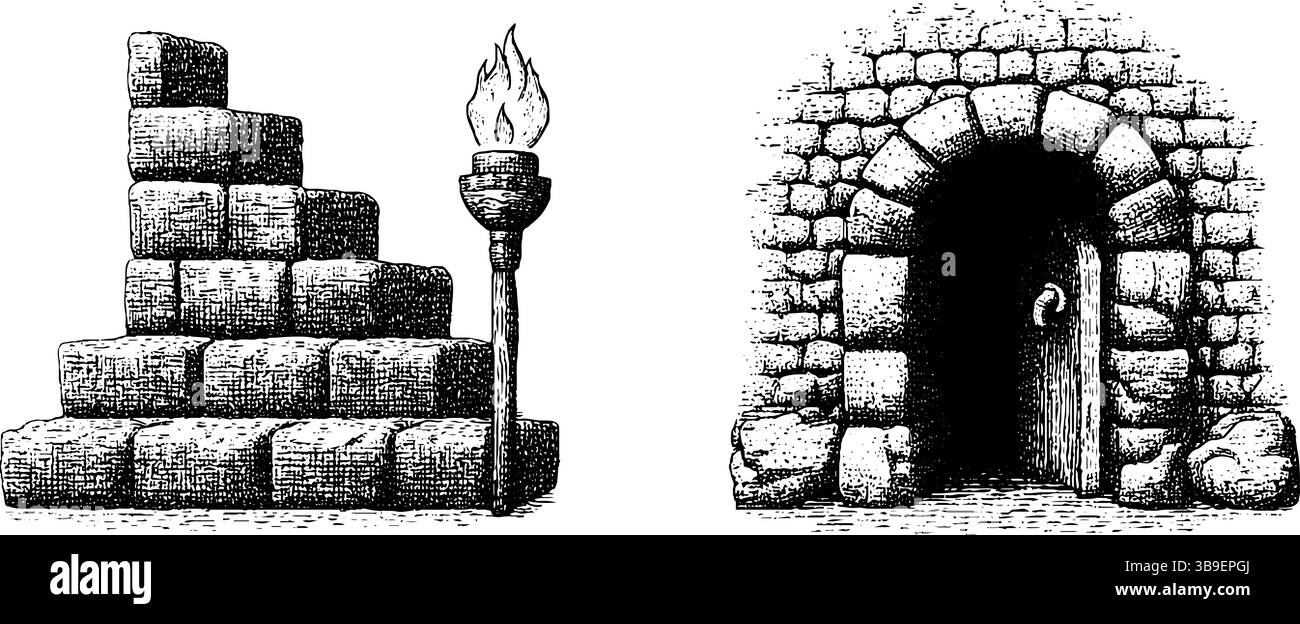 Intricate illustrazioni incise di elementi dungeon roguelike per il design artistico. Illustrazione Vettoriale