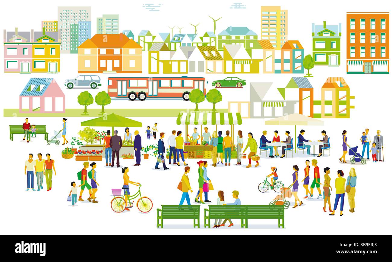 Città con mercato settimanale e vita in città, illustrazione Foto Stock