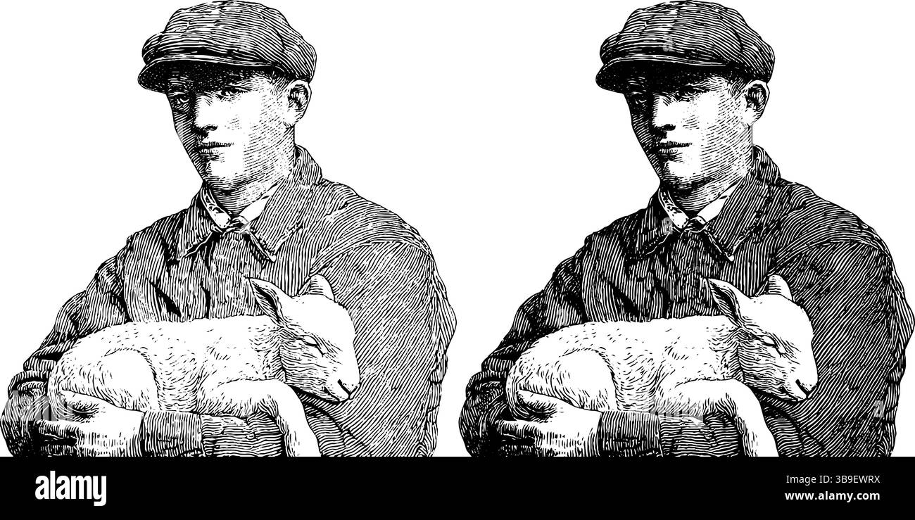 Incisione vintage di contadini che tengono agnelli per bambini: Tema agricolo rustico per stampe e poster. Illustrazione Vettoriale