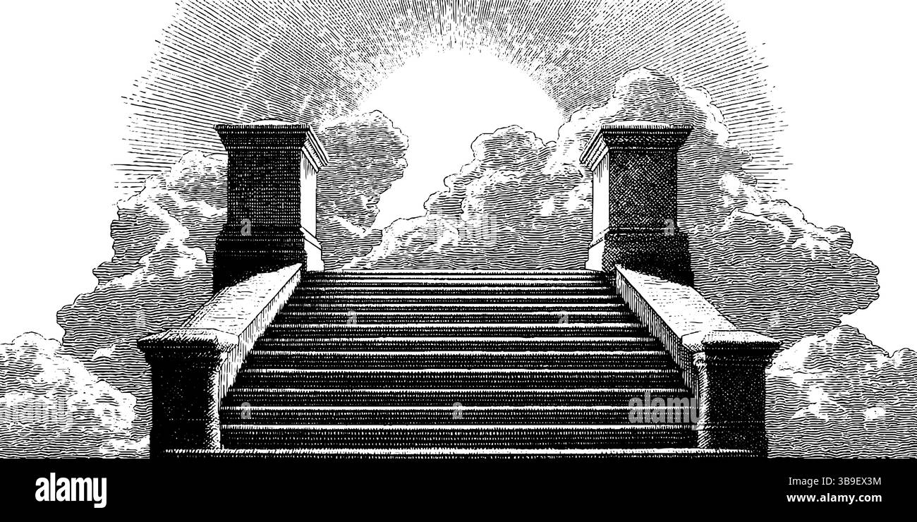 Illustrazione incisa di scale del tempio con nuvole radiose - design per temi spirituali o architettonici. Illustrazione Vettoriale