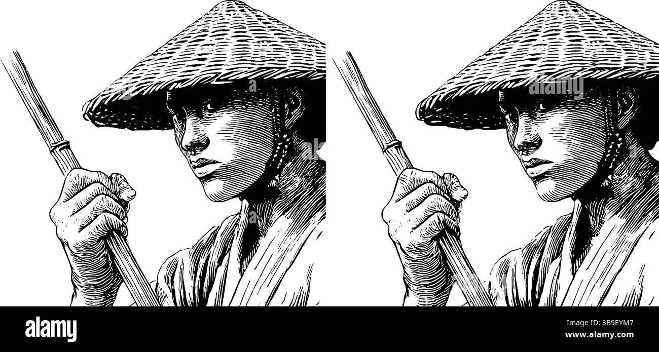 Tradizionale guerriero giapponese di ronin con cappello di paglia che incide arte per design storico. Illustrazione Vettoriale