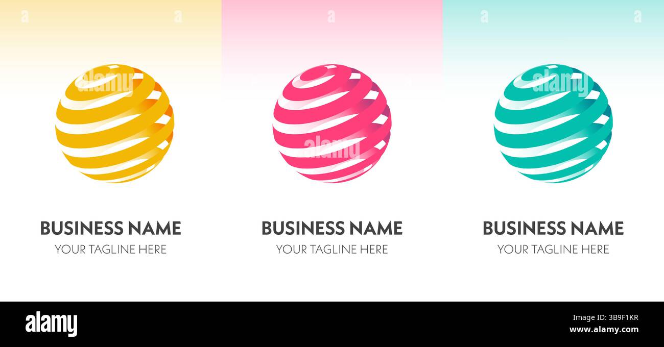 Set di 3 loghi sferici a strisce colorate con effetto globo 3D. Ideale per il branding, l'identità aziendale o la grafica di avvio tecnologico. Illustrazione Vettoriale