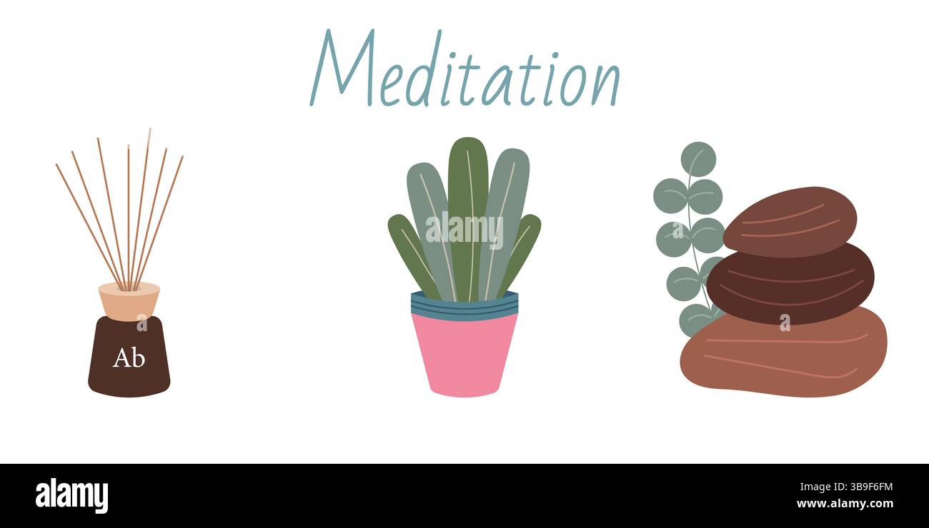Tempo di meditazione impostato. Collezione di elementi trafilati a mano: Diffusore aromatico, pianta Illustrazione Vettoriale Tempo di meditazione impostato. Collezione di elementi trafilati a mano: Diffusore aromatico, pianta Illustrazione Vettoriale